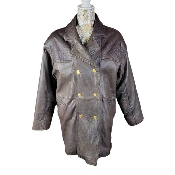 Braefair Vintage 80s Brown Leather Crested Gold Button Double Breasted Coat - Picture 5 of 16